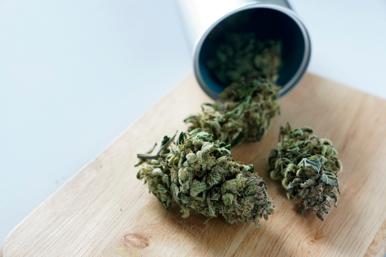 Premium cannabis flower spilling from a storage container