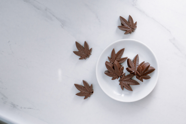 Cannabis leaf-shaped chocolate edibles on a white plate