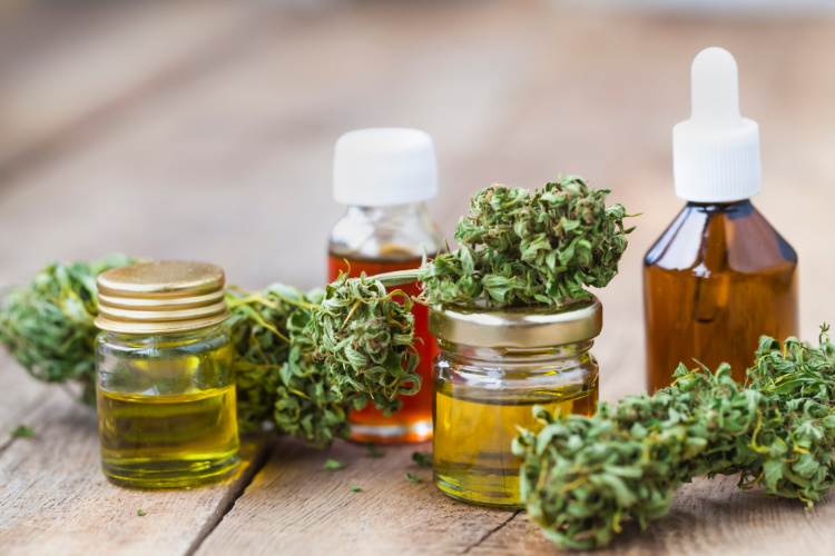 Cannabis tincture bottles with cannabis flower buds