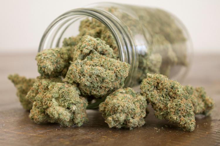 Cannabis flower buds spilling from a glass jar