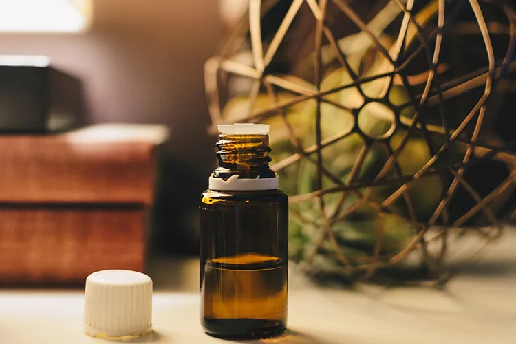 MCT oil bottle on table with soft lighting